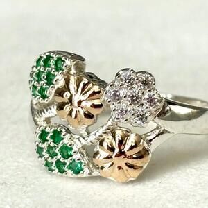 Floral Garden Ring in Solid 925 Sterling Silver and 10k Gold